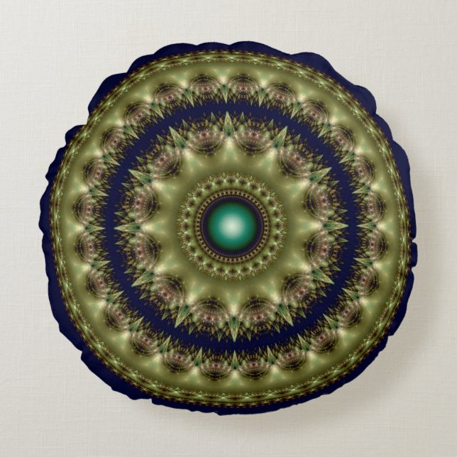 Fractal glowing round kaleidoscopic pattern cushion (Front)