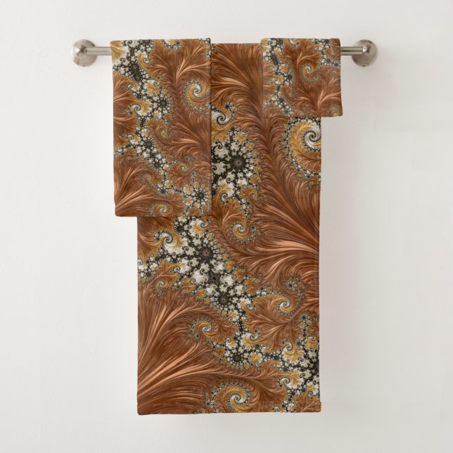 Fractal gold bronze dark star bath towel set (Insitu)