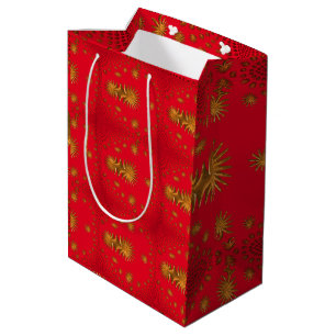 fractal golden stars,red background medium gift bag