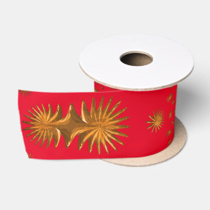 fractal golden stars,red background satin ribbon