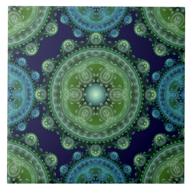 Fractal green blue oriental pattern ceramic tile (Front)