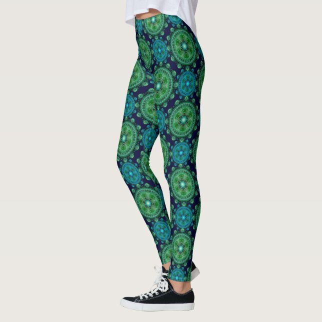 Fractal green blue oriental pattern leggings (Left)