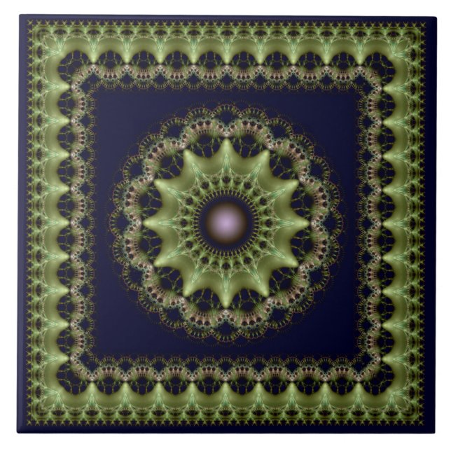 Fractal green brilliant framed mandala ceramic tile (Front)