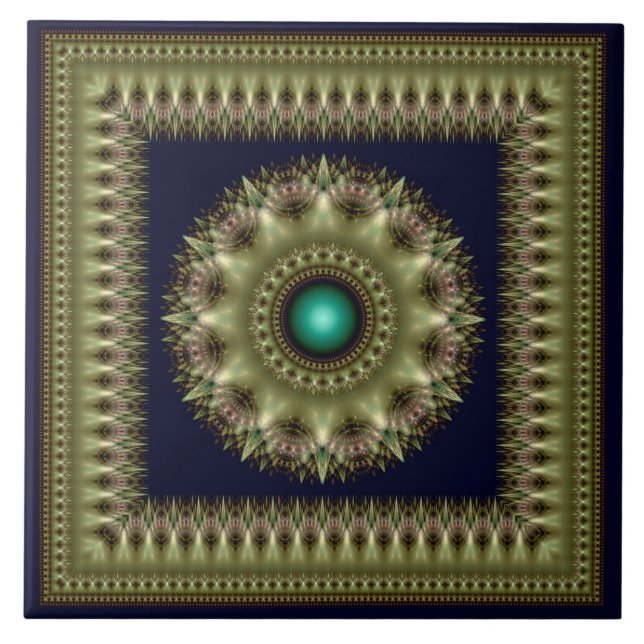 Fractal green brilliant framed mandala ceramic tile (Front)