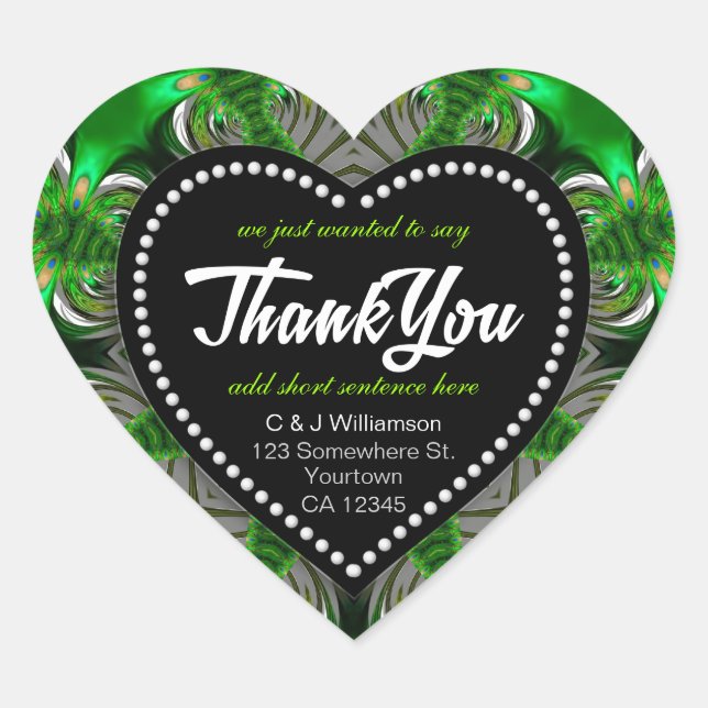Fractal Green Forest Peacock Thank You Heart Heart Sticker (Front)