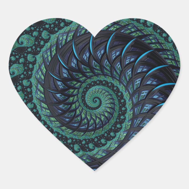 Fractal Heart in Blues & Greens Heart Sticker (Front)