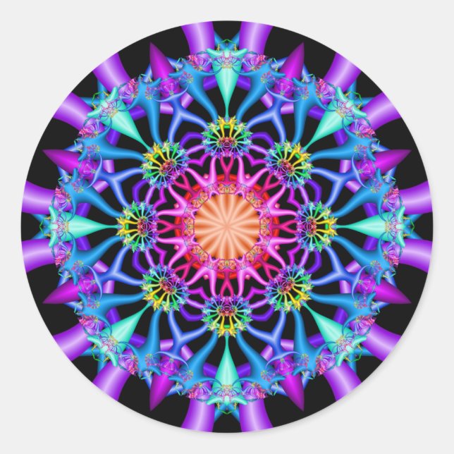 Fractal Kaleidoscope Rainbow Florets Classic Round Sticker (Front)