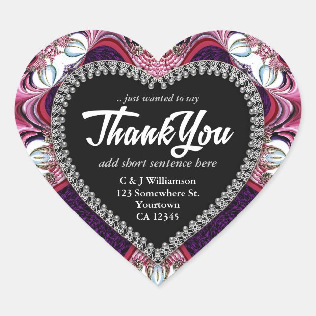 Fractal Lace Purple Pink Thank You Heart Stickers (Front)
