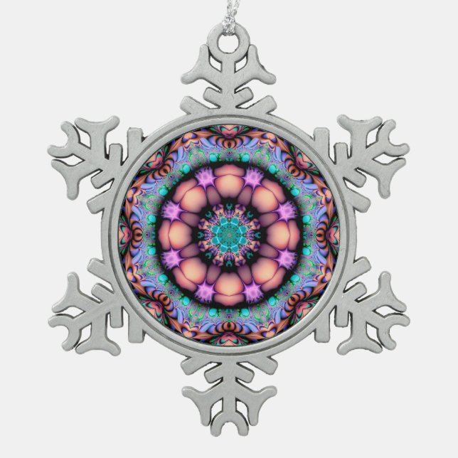 Fractal Mandala Floral Psychedelic Snowflake Pewter Christmas Ornament (Front)