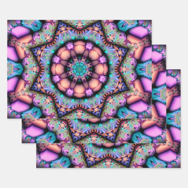 Fractal Mandala Floral Psychedelic Wrapping Paper Sheet (Set)