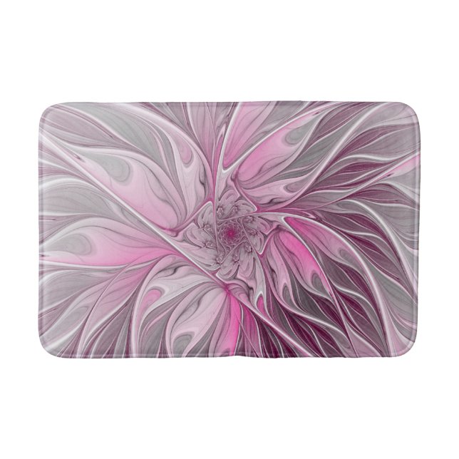 Fractal Pink Flower Dream, Floral Fantasy Pattern Bath Mat (Front)