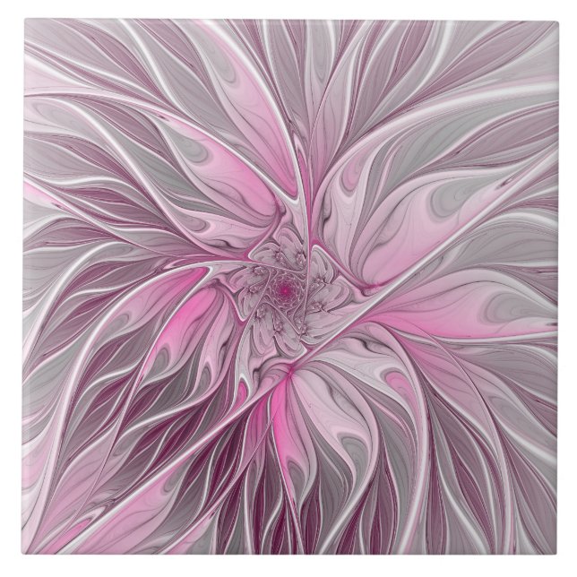 Fractal Pink Flower Dream, Floral Fantasy Pattern Ceramic Tile (Front)