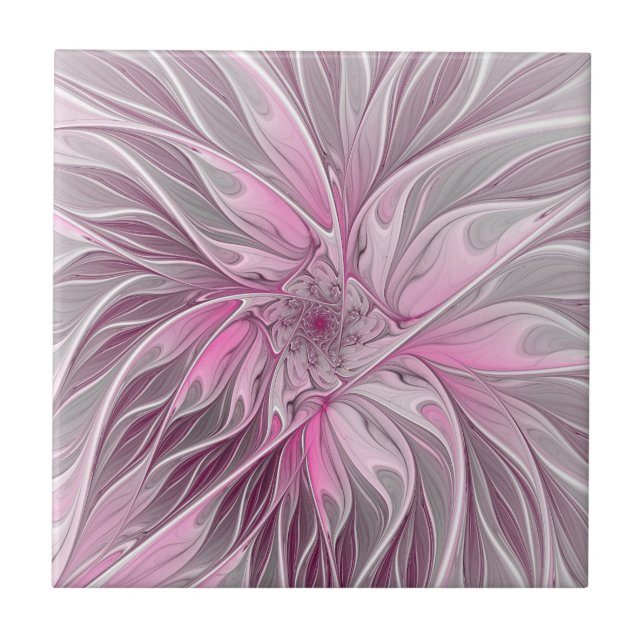 Fractal Pink Flower Dream, Floral Fantasy Pattern Ceramic Tile (Front)