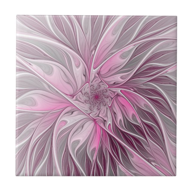 Fractal Pink Flower Dream, Floral Fantasy Pattern Ceramic Tile (Front)