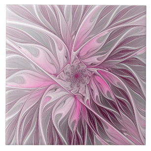 Fractal Pink Flower Dream, Floral Fantasy Pattern Ceramic Tile
