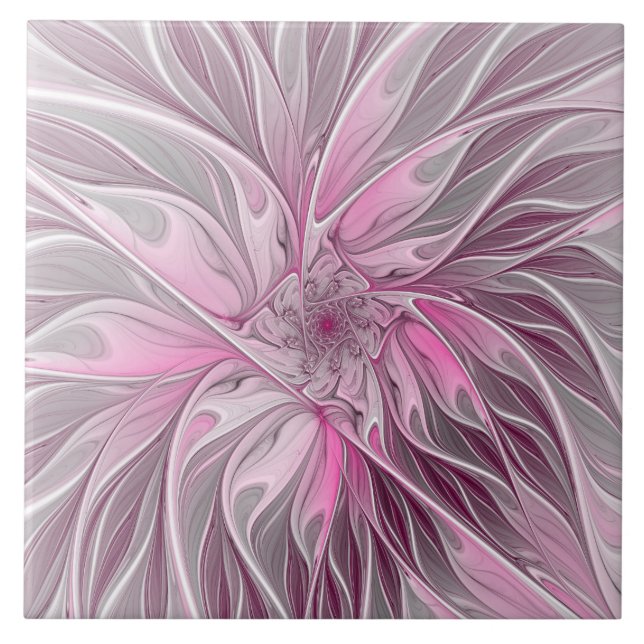Fractal Pink Flower Dream, Floral Fantasy Pattern Ceramic Tile (Front)