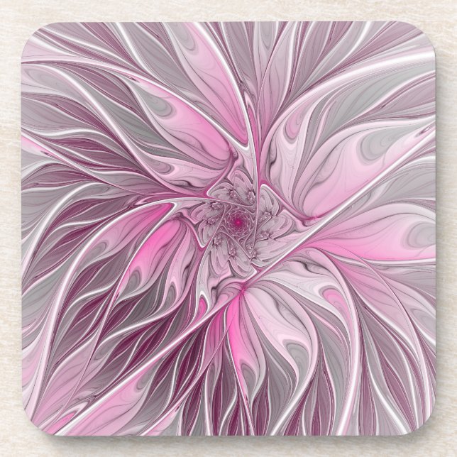 Fractal Pink Flower Dream, Floral Fantasy Pattern Coaster (Front)