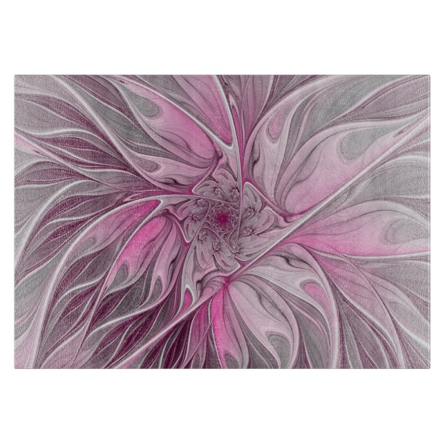 Fractal Pink Flower Dream, Floral Fantasy Pattern Cutting Board (Front)
