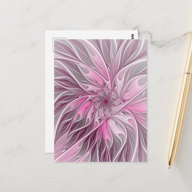 Fractal Pink Flower Dream, Floral Fantasy Pattern Postcard (Front/Back In Situ)