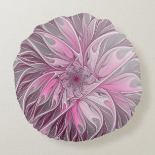 Fractal Pink Flower Dream, floral Fantasy Pattern Round Cushion