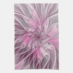 Fractal Pink Flower Dream, Floral Fantasy Pattern Tea Towel