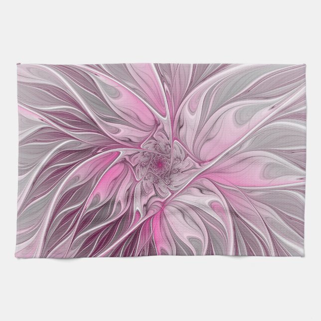 Fractal Pink Flower Dream, Floral Fantasy Pattern Tea Towel (Horizontal)