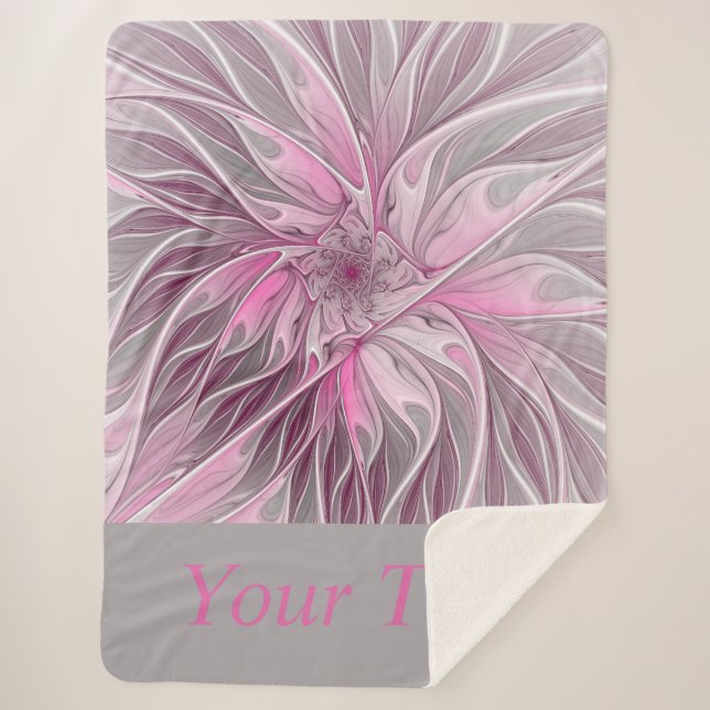 Fractal Pink Flower Dream, Floral Fantasy, Text Sherpa Blanket (Front)