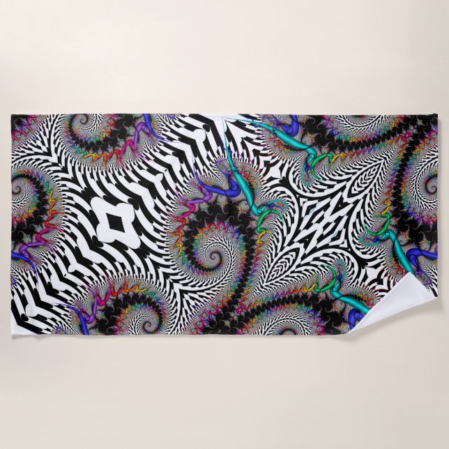 Fractal Rainbow Spiral Black White Abstract Beach Towel (Front)