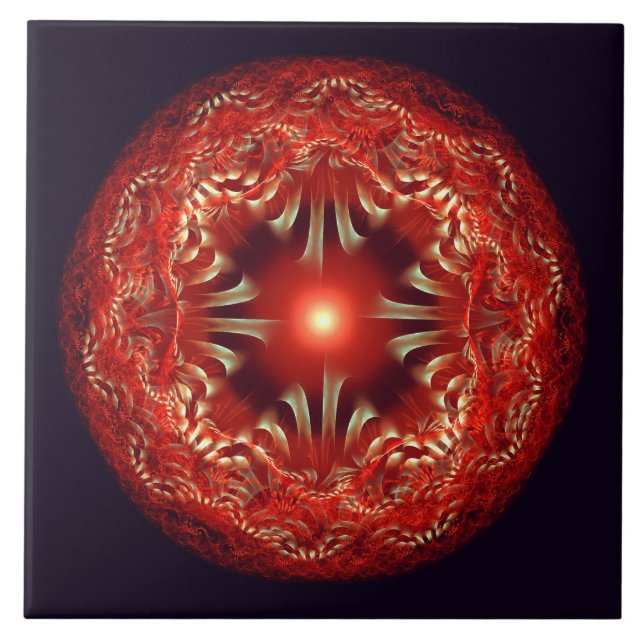 Fractal round red mandala ceramic tile (Front)