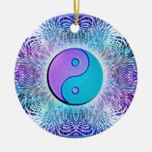 Fractal Sun Yin-Yang in Cool Pastels Ceramic Tree Decoration
