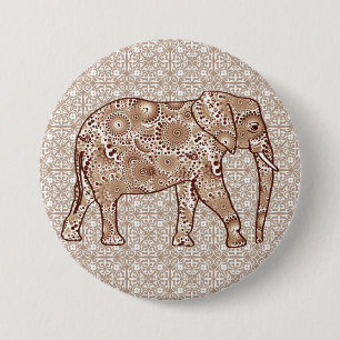 Fractal swirl elephant - brown and taupe 7.5 cm round badge