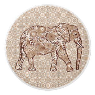 Fractal Swirl Elephant, Brown and Taupe Ceramic Knob
