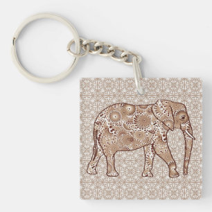 Fractal swirl elephant - brown and taupe key ring
