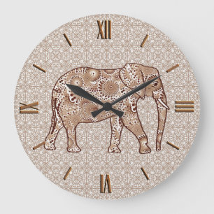 Fractal swirl elephant - brown and taupe large clock