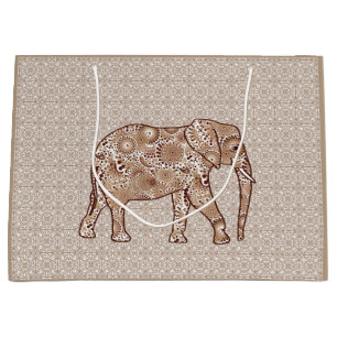 Fractal swirl elephant - brown and taupe large gift bag