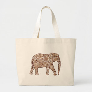 Fractal swirl elephant - brown and taupe large tote bag
