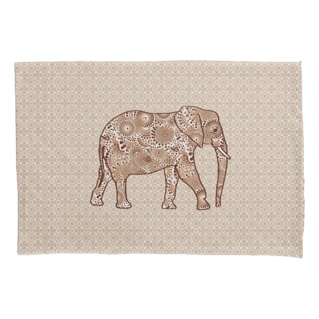 Fractal swirl elephant - brown and taupe pillowcase (Front)