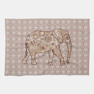 Fractal swirl elephant - brown and taupe tea towel