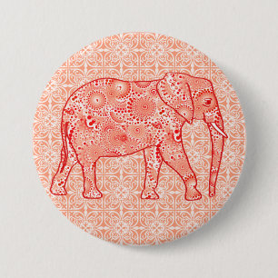 Fractal swirl elephant - coral orange and white 7.5 cm round badge