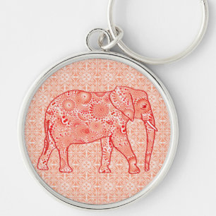 Fractal swirl elephant - coral orange and white key ring