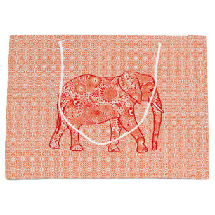 Fractal Swirl Elephant, Coral Orange and White Large Gift Bag