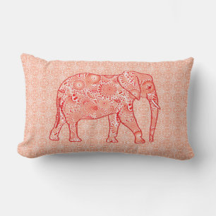 Fractal swirl elephant - coral orange and white lumbar cushion