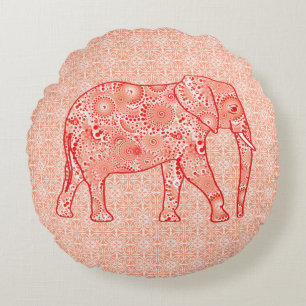 Fractal swirl elephant - coral orange and white round cushion