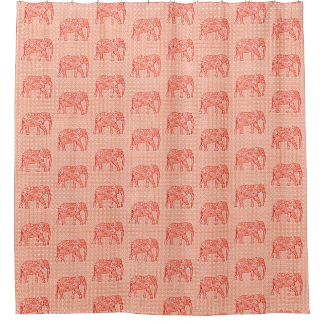 Fractal Swirl Elephant, Coral Orange and White Shower Curtain (Front)