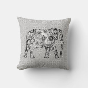 Fractal swirl elephant - grey, black and white cushion