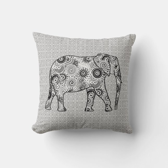 Fractal swirl elephant - grey, black and white cushion (Front)