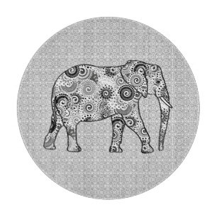 Fractal swirl elephant - grey, black and white cutting board