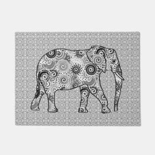 Fractal Swirl Elephant, Grey, Black and White Doormat
