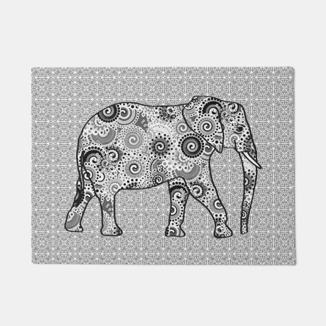 Fractal Swirl Elephant, Grey, Black and White Doormat (Front)