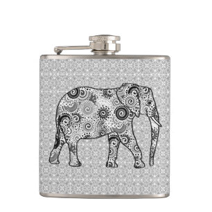 Fractal swirl elephant - grey, black and white hip flask